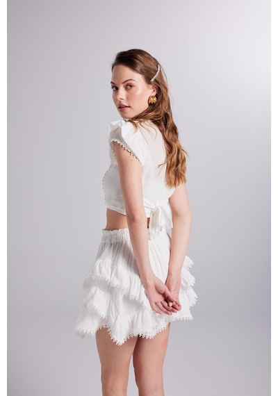 Holly Lolly Brode Detaylı Crop Pixie Bluz Beyaz