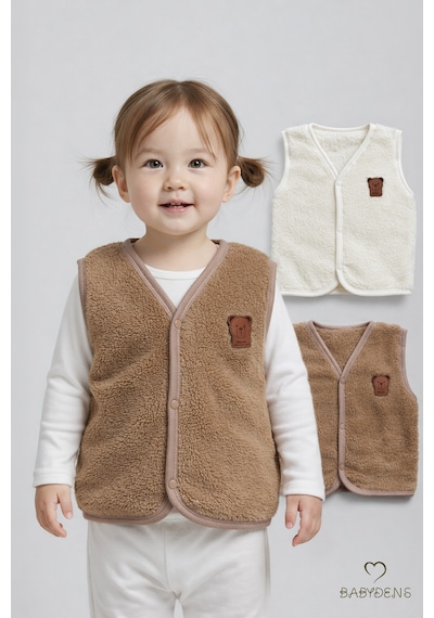 Babyden's 2 Li Welsoft Yelek Seti Kız Bebek Çocuk Ayıcık Armalı Peluş Yumuşak Kışlık Yelek Kahverengi - Beyaz