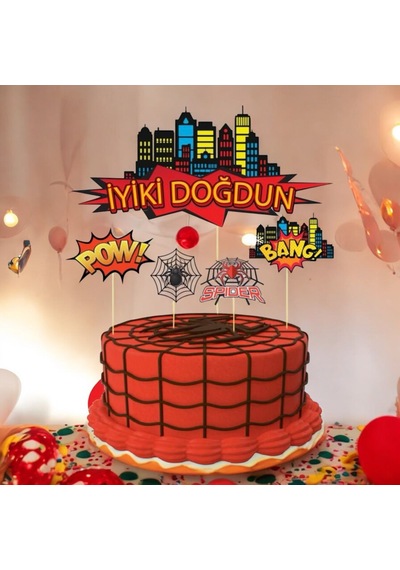 Örümcek Temalı Pasta Süsü Seti İyi Ki Doğdun Pasta Ve Cupcake Kürdan Seti Doğum Günü Parti Süsü 5 Parça
