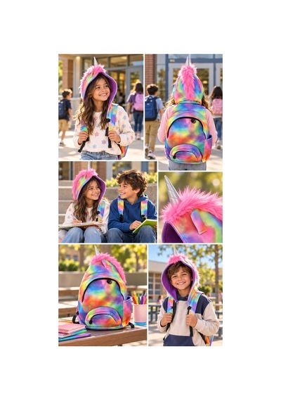 Unisex Çocuk Su Geçirmez Unicorn Tasarımlı Çıkarılabilir Kapüşonlu Sırt Çantası Çok Renkli