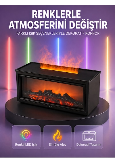 Şömine Görünümlü Hava Nemlendirici Renkli Led Işıklı Aroma Difüzörü - Lisinya