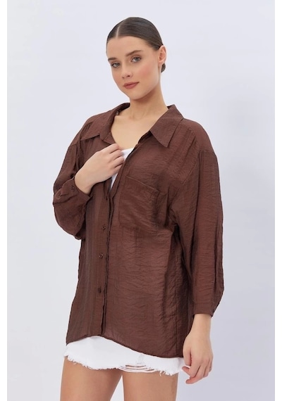 Defymoda Cepli Oversize Gömlek - Kahve Kahve