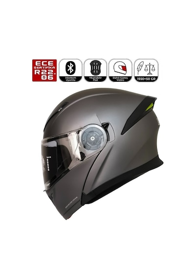 Fr-965 Mat Grey Motosiklet Kaskı Çene Açılır Güneş Vizörlü Motorcu Kask Gri