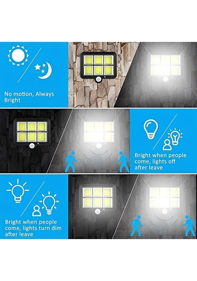 Kablolu Güneş Enerjili 120 Cob Led Solar Bahçe Aydınlatması - Ip65 Su Geçirmez Cob Led Hareket Sensörlü Duvar Lambası, 3 Modlu Dış Mekan Solar Projektör Projektör Aydınlatma