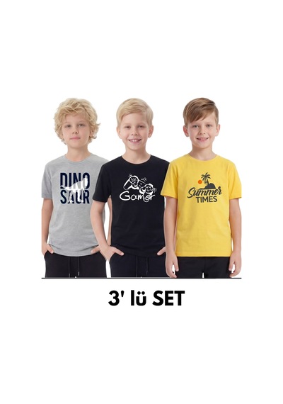 Fyk Kids 3'lü Yuvarlak Yakalı Baskı Detaylı Basic 3 Parça Erkek Çocuk Tişört Gri - Sarı