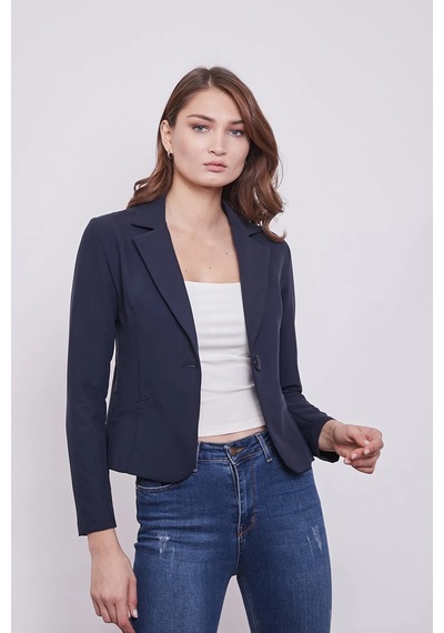 Yakalı Flato Cepli Uzun Kol Pamuklu Kumaş Kısa Blazer Ofis Ceket-lacivert Lacivert