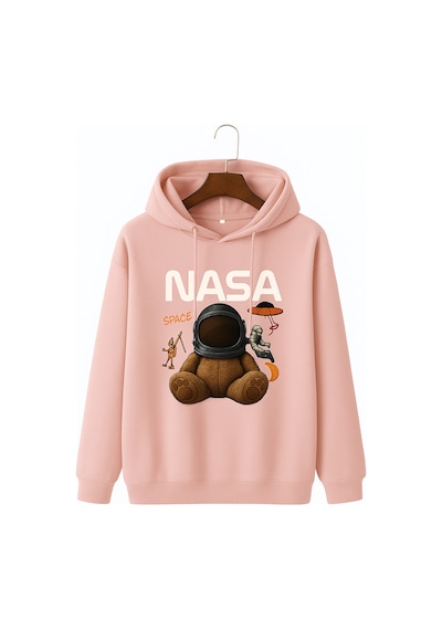 Kokina 3 İplik Penye Unisex Nasa Ayıcık Baskılı Kapüşonlu Sweatshirt Pembe