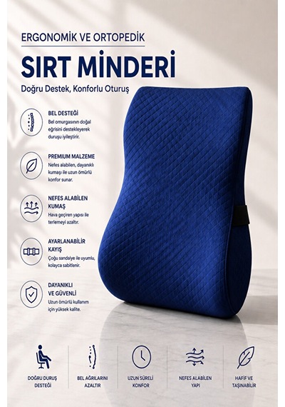Ergonomik Ve Ortopedik Sırt Minderi Doğru Destek, Konforlu Oturuş Lacivert