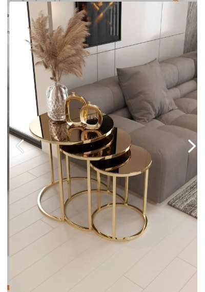 Ecoline Desing Gold Metal Kırılmaz Bronz Ayna 3'lü Zigon Sehpa Bronz
