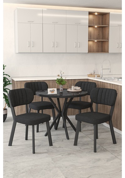 Gnr 90cm Sabit Siyah Mutfak Masası Takımı, Yemek Masası, 4 Modern Siyah Sandalye Siyah