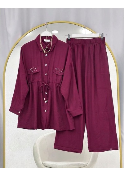 Lovie Moda Kapak Taşlı Jakar Pantolonlu İkili Takım Bordo