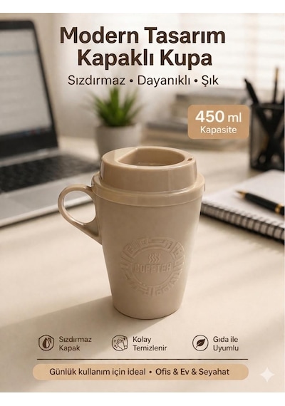 Kulplu Kapaklı Çay Kahve Bardağı Plastik - Mug Sıcak Içecek Bardağı 450 Ml Krem