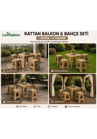 Lorempbox Rattan Balkon & Bahçe Seti 5 Parça 1 Sehpa + 4 Tabure Bej Diğer
