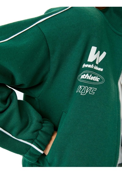About Blank Koton Arkası Baskılı Fermuarlı Şardonlu Oversize Crop Sweatshirt Acı Kahverengi