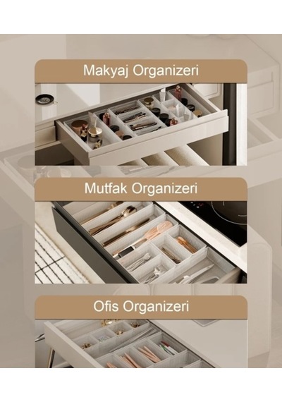 Vialex 12'li Makyaj Organizeri Çekmece İçi Düzenleyici Set Şeffaf 4kçk-40rt-3uzn-1byk Plastik Beyaz Diğer