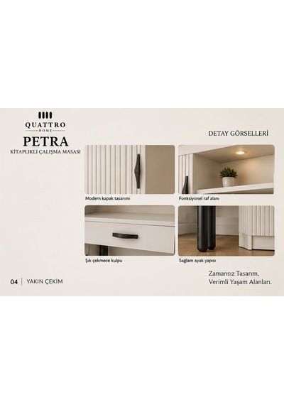 Petra Kitaplıklı Çalışma Masası 3 İnç Düz Beyaz