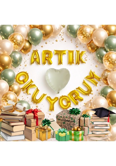 Artık Okuyorum Folyo Harf Balon Küf Yeşili Gold Konfetili Okuma Bayramı Temalı Süsleme Çok Renkli