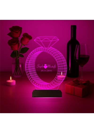 Luvivia Sevgiliye Hediye Tek Taş Yüzük Kişiye Özel 3d Lamba - Masa Gece Lambası