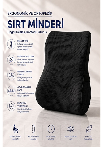 Ortopedik Visco Bel Ve Sırt Destek Minderi Ofis Koltuğu, Araç Ve Ev İçin Ergonomik Konfor Siyah