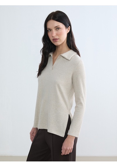 Lcw Comfort Bej Polo Yaka Fitilli Kadın Sweatshirt