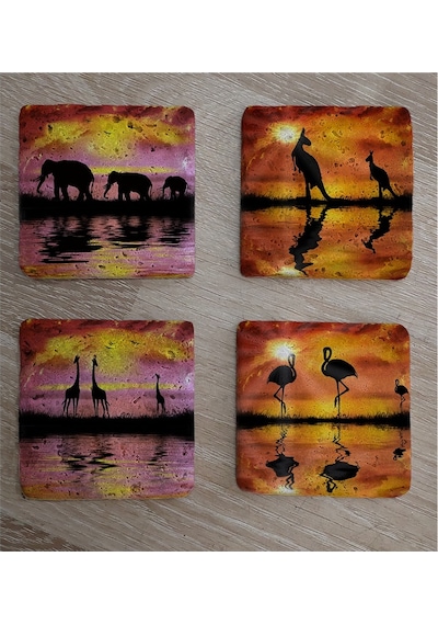 Egzotik Hayvanlar Fil Zürafa Flamingo Kanguru Doğal Taş Bardak Altlığı 4'lü Set - Natural Stone Coasters - Taş Çok Renkli