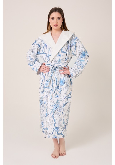 Blue Gladiolo Fiore Desenli Dijital Baskılı Kapüşonlu Bornoz Mavi