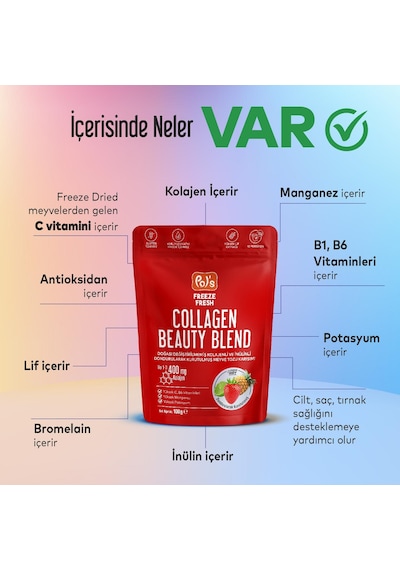 Pol's Freeze Fresh Beauty Blend 100 G, Dondurularak Kurutulmuş Meyve Tozu, Kolajen, İnülin, Yüksek Lif, Manganez