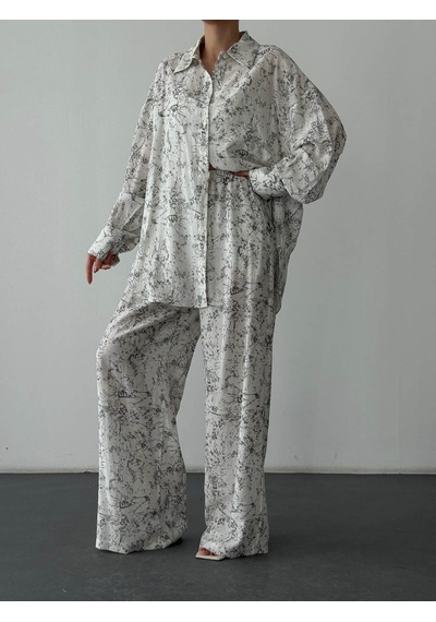 Quzu Batik Desenli Ekru Kadın Gömlek Gml01755