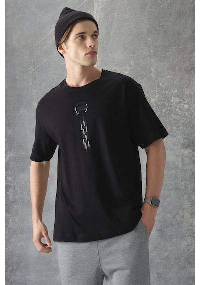 Air Jones Tommy Life Siyah %100 Pamuk Kalın Yumuşak Dokulu Oversize Fit Baskılı Erkek T-shirt - 88355 Siyah