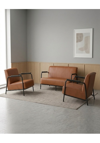 Atlas 2+1+1 Deri Ofis Modern Bekleme Koltuk Takımı Siyah Metal İskelet - Taba