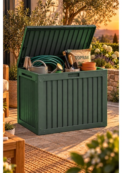 Porsima 161001-005 130lt Kilitli Organizer Kapaklı Bahçe Balkon Kiler Sandığı Çok Amaçlı Depolama Sandığı Yeşil Yeşil