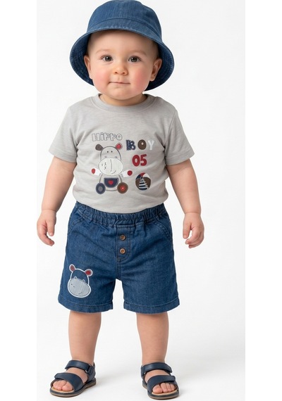 Lika&Nika Erkek Bebek Şapkalı Takım Hippo Baskılı Kısa Kollu Tişört Ve Denim Şort 3'lü Yazlık Bebek Takımı Bej