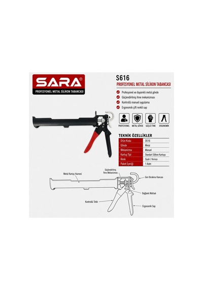 Sara S616 Profesyonel Metal Silikon Tabancası Standart Kartuş Uyumlu, Güçlendirilmiş Itme Mekanizması