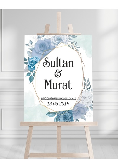 Söz Nişan Düğün İçin 50x70 Karşılama Panosu - Renkli Mavi Çiçek Tasarımlı Beyaz