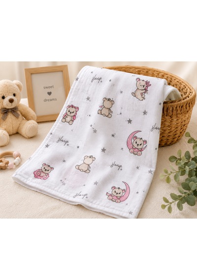 Minora Baby&Kids %100 Pamuk Müslin Bebek Örtüsü Çok Amaçlı Müslin Battaniye - 100 x 100 CM Pembe Ayı