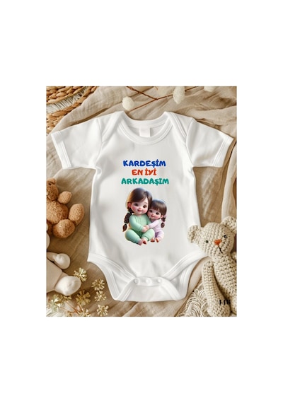 Lupi Kardeşim En İyi Arkadaşım Yazılı Bebek Zıbın Kız Kardeş ekru