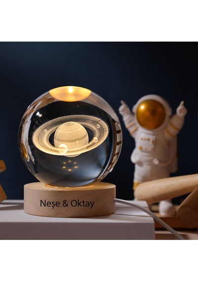 Kişiye Özel Büyük Boy Işıklı Ahşap Kaideli Satürn Cam Küre 8cm