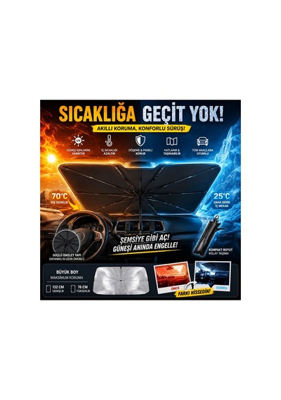 Universal Araç Ön Cam Güneşliği Şemsiye Tipi Katlanabilir Güneş Koruyucu Isı Azaltıcı, Uv Korumalı, Kolay Kurulumlu Oto Güneşlik 132x76 Cm