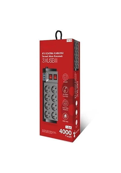 8 Li Termal Akım Korumalı Uzatma Prizi 3 Usb Hızlı Şarj 4000w 16a 2m Kablo 2
