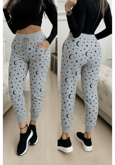 Efnaz Style Kadın Yüksek Bel Bağcıklı Desenli Iki Iplik Pantolon gri