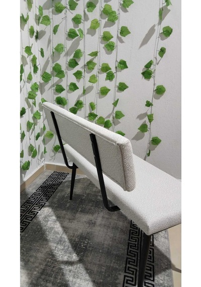 Özcan Metal Puffy Kumaş Siyah Metal Ayaklı Sırtlı Mutfak Salon Antre Yatak Odası Puf Bank Oturak Bench Bej