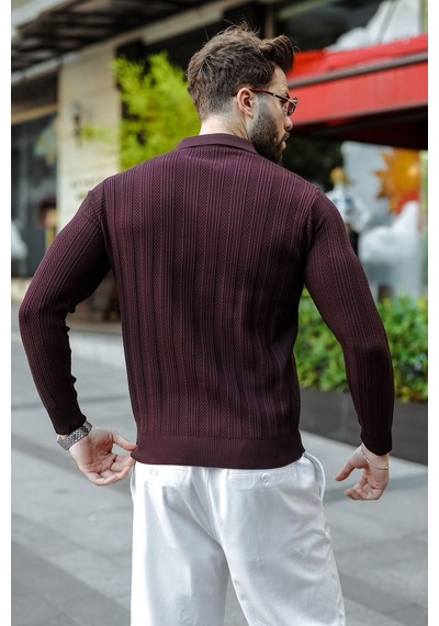 Madmext Mürdüm Düğmeli Polo Yaka Desenli Over Fit Erkek Triko Kazak E7520