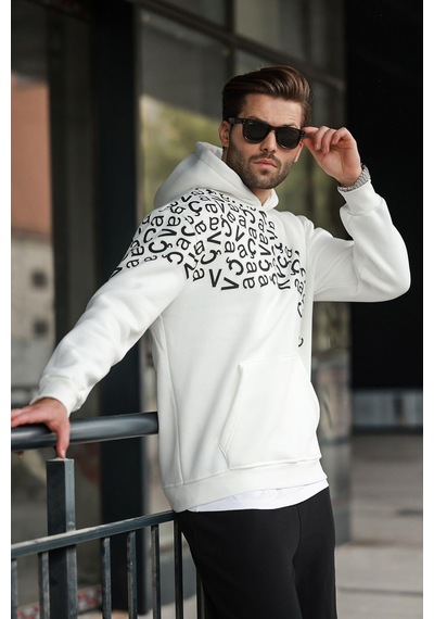 Madmext Ekru Baskılı Kapüşonlu Erkek Sweatshirt E7160 Ekru