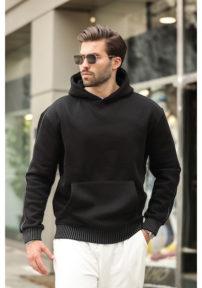 Madmext Siyah Kapüşonlu Kanguru Cep Erkek Sweatshirt E7163 Siyah