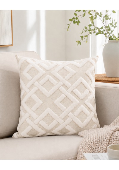 Maze 43x43 Cm Dekoratif Kırlent Kılıfı Geometrik Dokulu Modern Koltuk Yastık Kılıfı Krem