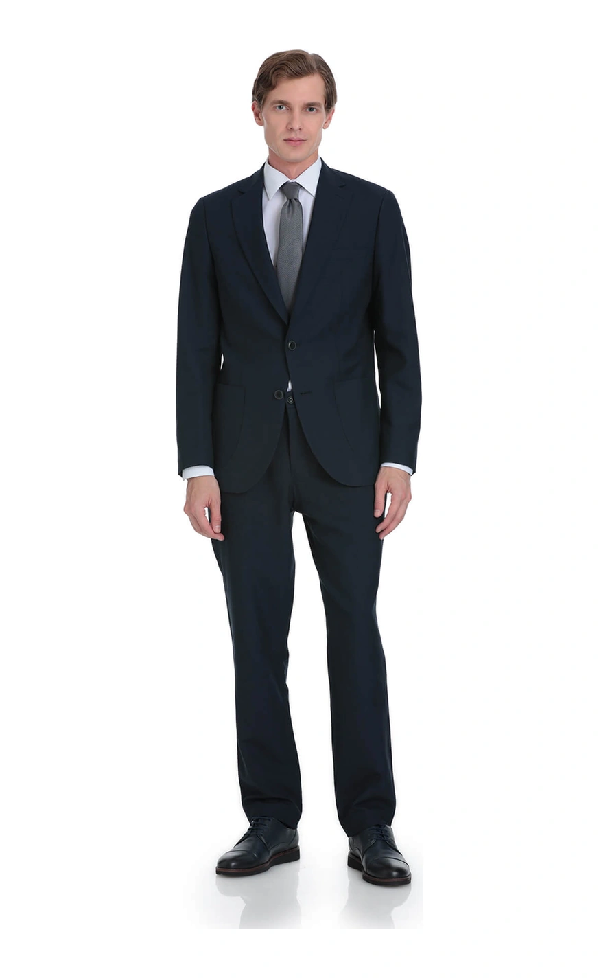 Hatemoğlu Lacivert Slim Fit Mono Yaka Keten Takım Elbise Lacivert