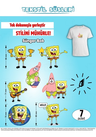 Ütü İle Yapışan Kıyafet Etiketi Sünger Bob 7li Set Karışık