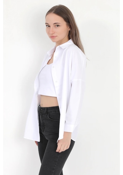 Giysa Kadın Beyaz Uzun Kollu Basic Pamuklu Oversize Gömlek - 3900 Beyaz