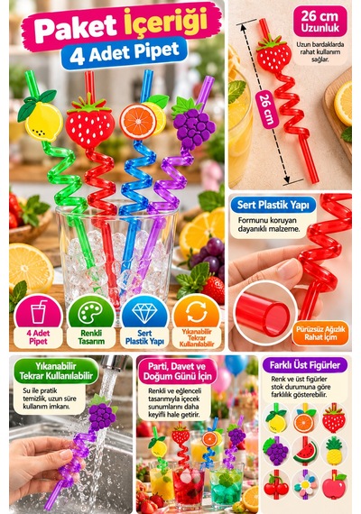4'lü Renkli Spiral Pipet 26 Cm Sert Plastik Yıkanabilir Tekrar Kullanılabilir Parti İçecek Pipeti Xl
