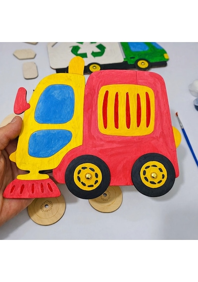 Çöp Kamyonu Araç Ahşap Boyama Etkinlik Seti Eğitici Çocuk Aktivite Fırça Akrilik Boya Kreş Okul